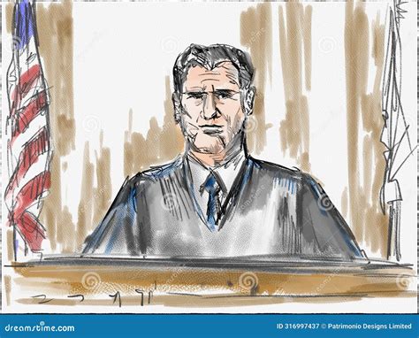 Courtroom Trial Sketch Showing An American Judge Sitting On Bench