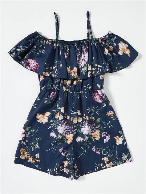 Shein Tween Girl Floral Cold Shoulder Ruffle Trim Romper Shein Usa