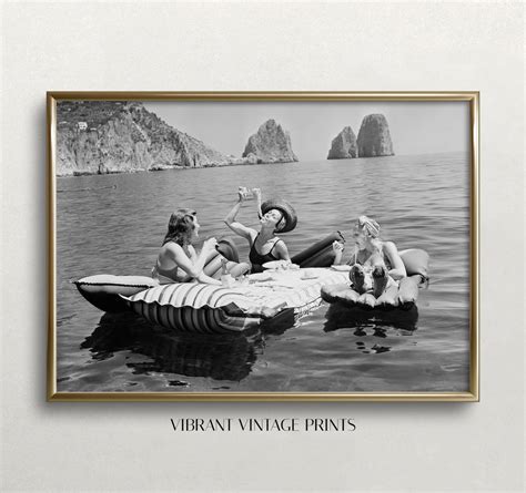 Women Eating Pasta On Lake Black And White Art Vintage Wall Art