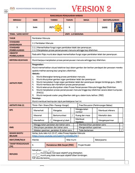 RPH Sains Tahun 6 2024 2025 Version 2 RPH PAK21 Sains Tahun 6