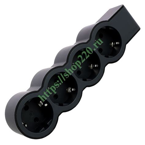 Колодка электрическая на 4 розетки 16А с заземлением и шторками черная ...