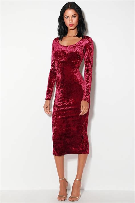 Cherish Me Wine Red Velvet Long Sleeve Bodycon Midi Dress Mod And