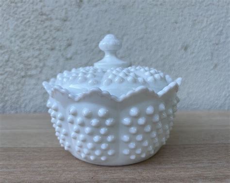 Vintage 1970s Fenton Hobnail Milk Glass Candy Jar With Lid Etsy