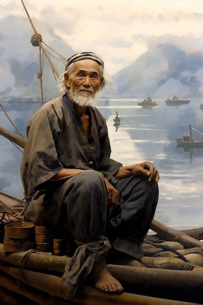 Premium AI Image | an old man sits on a boat in the river