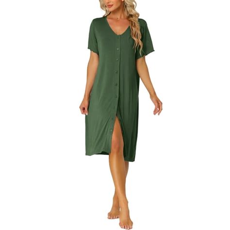 Cheibear Womens Short Sleeve Nightshirt Button Down Nightgown Sleepwear Pajama Dress Army Green