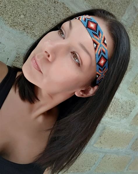 Beaded Headband Southwestern Native American Style Blue Black Etsy