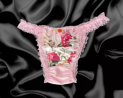 BABY PINK SATIN Floral Silky Sissy Frilly Lace Bikini Tanga Knickers