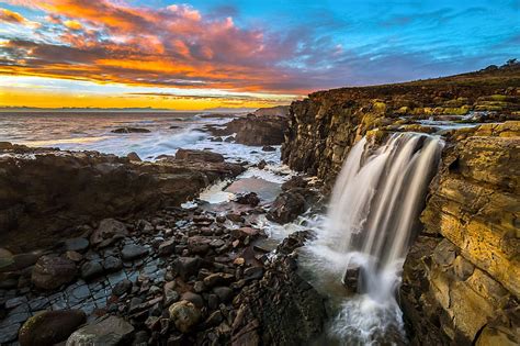 Amazing Seaside Rock Cliff Waterfall Sea Beaches Waterfalls Clouds