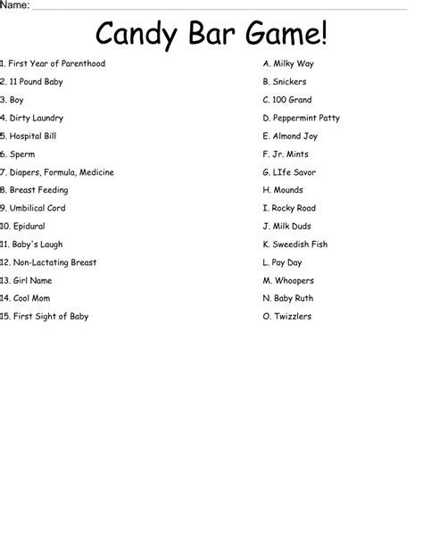 Candy Bar Game Worksheet Wordmint
