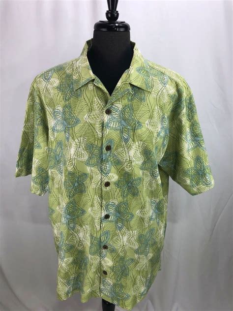 Tommy Bahama Green Silk Cotton Linen Hawaiian Camp Shirt Floral Palm