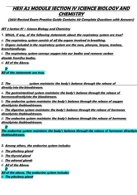 HESI A2 MODULE SECTION IV SCIENCE BIOLOGY AND CHEMISTRY 2021 Revised