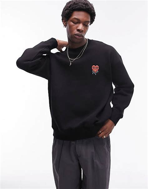 Topman Oversized Fit Sweatshirt With Heart Embroidery In Black Asos