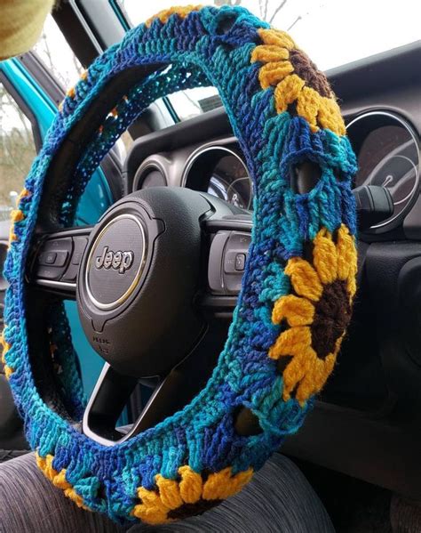 Sunflower Crochet Steering Wheel Cover Etsy UK Crochet Car Crochet