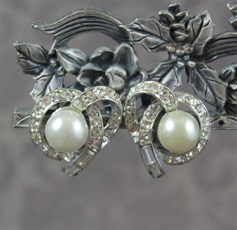 Vintage White Faux Pearl And Clear Rhinestone Silver Tone Coro Clip On