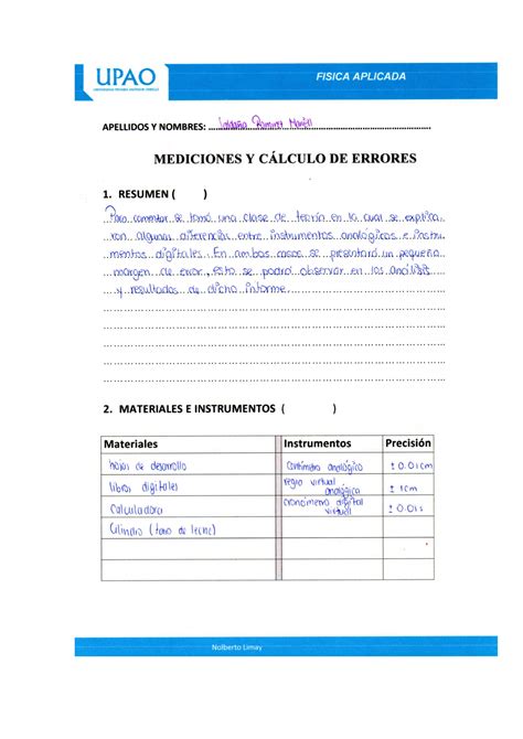 Informe De Mediciones Y Errores Fisica Aplicada Laboratorio F Sica