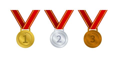 Gold Silver And Bronze Medals With Red Ribbon Medal For Victory