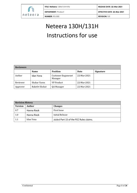 Neteera 130H/131H IFU - Instructions for Use - Product Manual