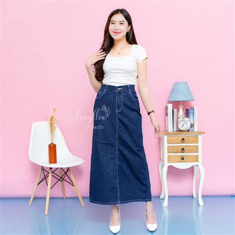 Jual Rok Jeans Panjang Wanita Skirt Jeans Stretch Mulur Nyaman Theana