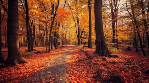 Premium Photo | Autumn forest with a path and trees