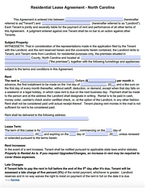 Free North Carolina Standard Residential Lease Agreement Template Pdf