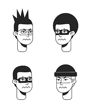 Pack Of Flat Monochromatic Vector Character Faces Depicting Men Showing