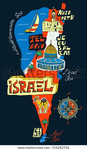 Cartoon Map of Israel. Travel and attractions.