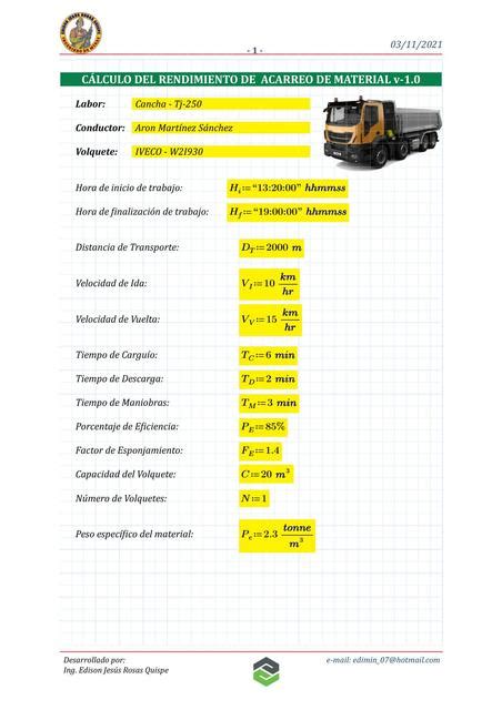 Cálculo de Rendimiento de Acarreo de Material Edison Jesús Rosas