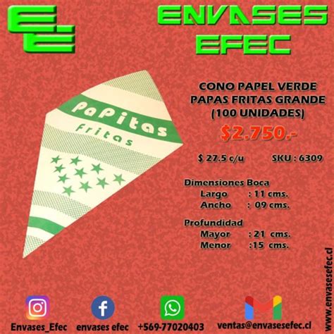 CONO PAPEL VERDE PAPAS FRITAS GRANDE 100 UNIDADES Envases EFEC