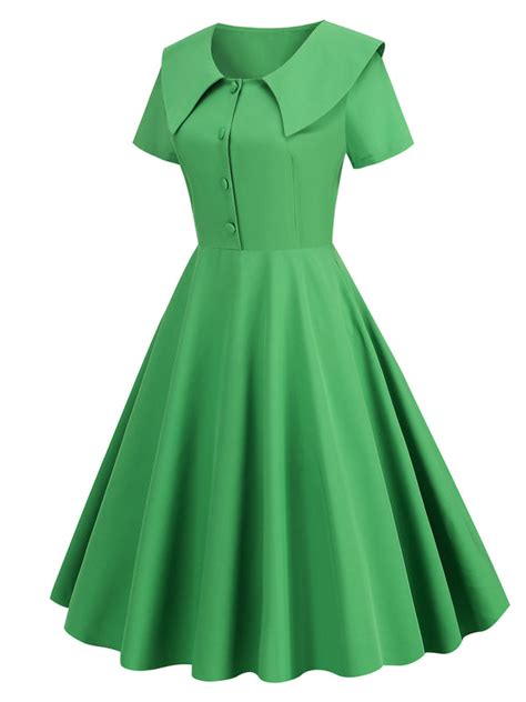 1950s Solid Lapel Swing Dress Retro Stage