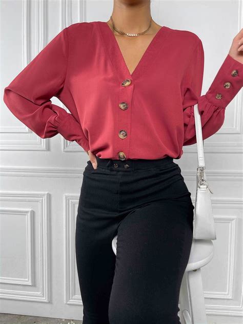 Solid Bishop Sleeve Button Front Blouse