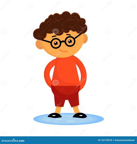 Cute Curly Boy In A Glasses Standing In A Puddle With His Hands Behind His Back Flat Vector