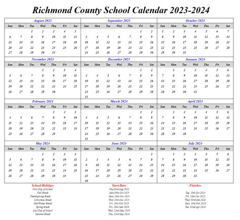 Richmond County School Calendar Holidays 2023-2024 with PDF