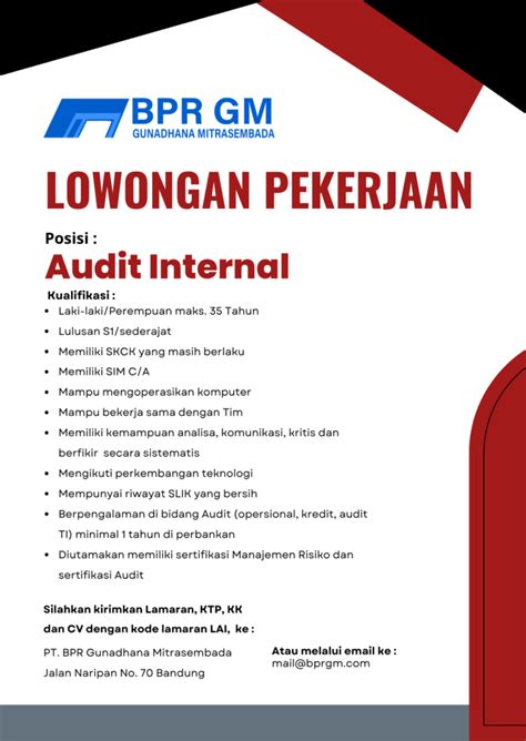 Lowongan Kerja Audit Internal Bpr Gunadhana Mitrasembada