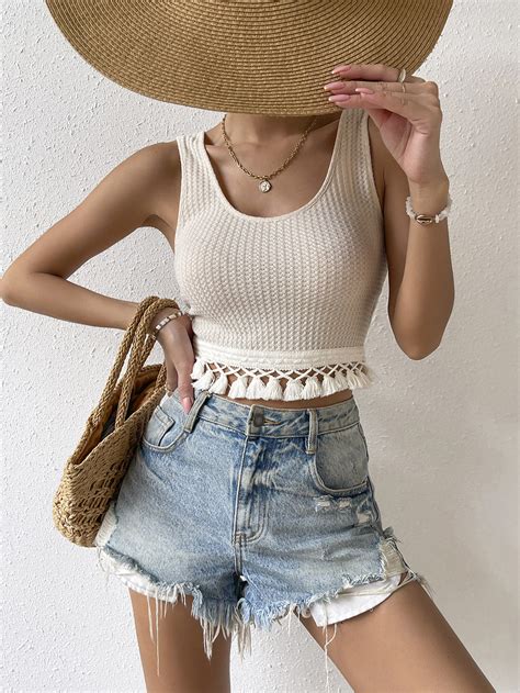 Shein Vcay Tassel Trim Waffle Knit Tank Top Shein Usa