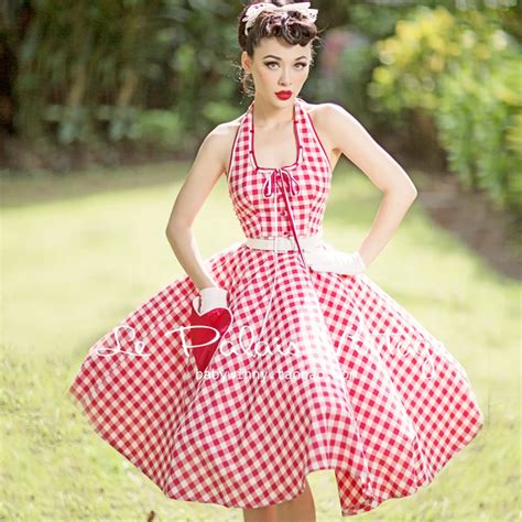 Le Palais Vintage 50s White Red Gingham Halter Midi Swing Dress