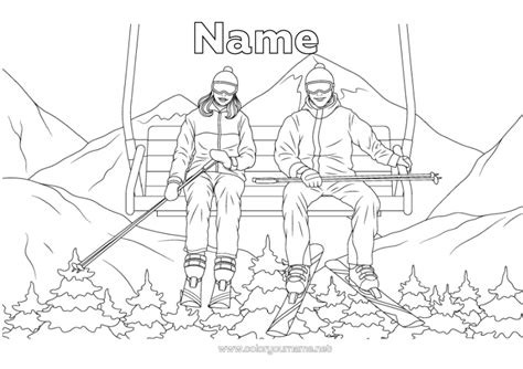 Skiers Coloring Page on Chairlift – with Customizable Name
