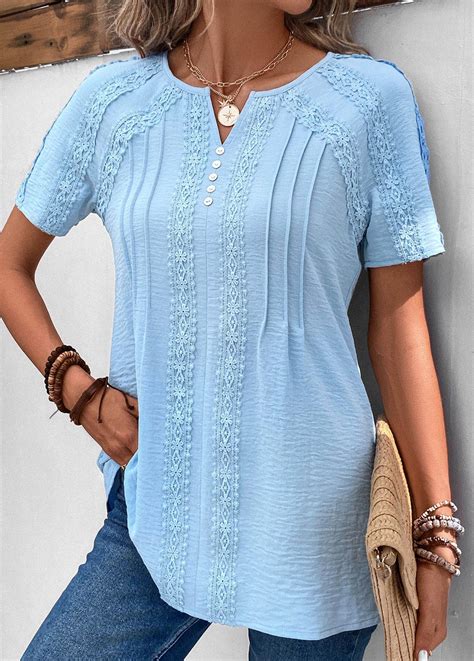 Patchwork Light Blue Short Sleeve Split Neck Blouse Rosewe USD