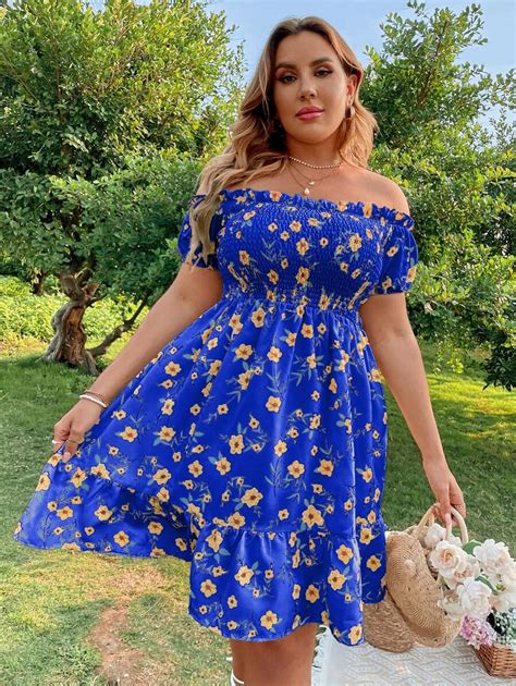 SHEIN SunnyBelle Plus Floral Print Off Shoulder Ruffle Hem Dress