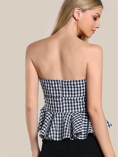 Bow Front Gingham Peplum Bustier Top Shein Sheinside