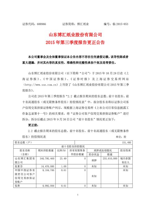 博汇纸业：2015年第三季度报告更正公告