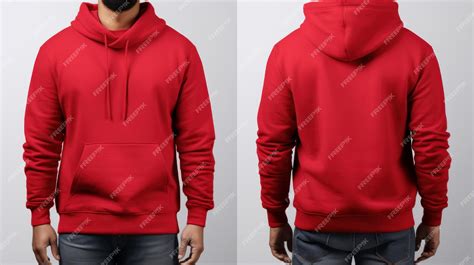 Front And Back Views Of A Man Wearing A Red Hoodie Mockup Premium Ai