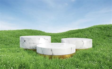 Premium Photo Empty Round White Marble Podium With Gold Base On Grass