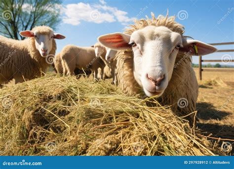 Sheep Eating Hay from a Bale Stock Photo - Image of wool, generated ...