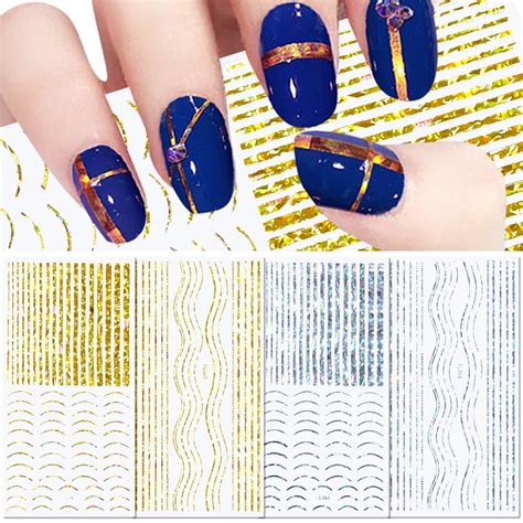 3D Holographic Gold Lines Nail Stickers Bronzing Silver Red Curve Wave