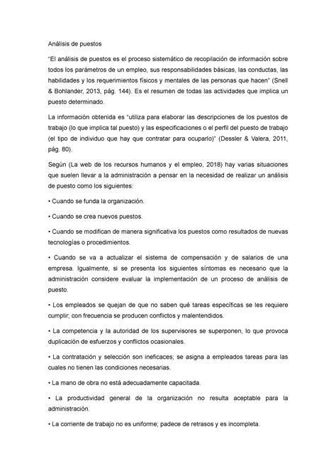 Perfil DE Puesto rrhh Análisis de puestos El análisis de puestos