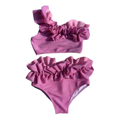 Bikini Monospalla Rosa Glitter Bambina Made Sull Isola Handmade