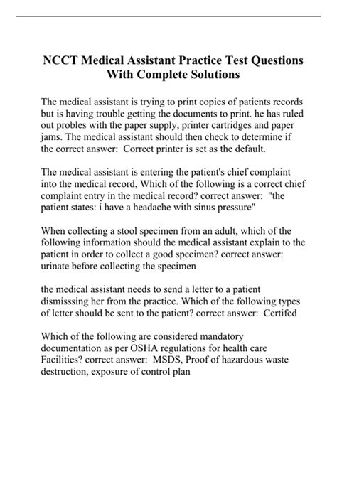 Ncct Medical Assistant Practice Test Questions With Complete Solutions