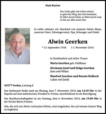 Traueranzeigen Von Alwin Geerken Om Trauer De