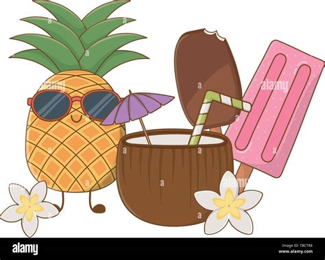 Summer Pineapple With Ice Cream And Cocktail Fruits Cartoons Vector Illustration Graphic Design