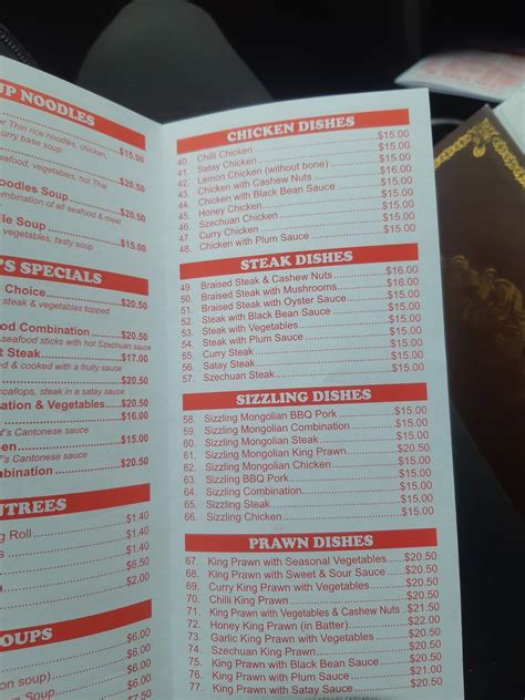 Menu at Red Lantern restaurant, Kyabram